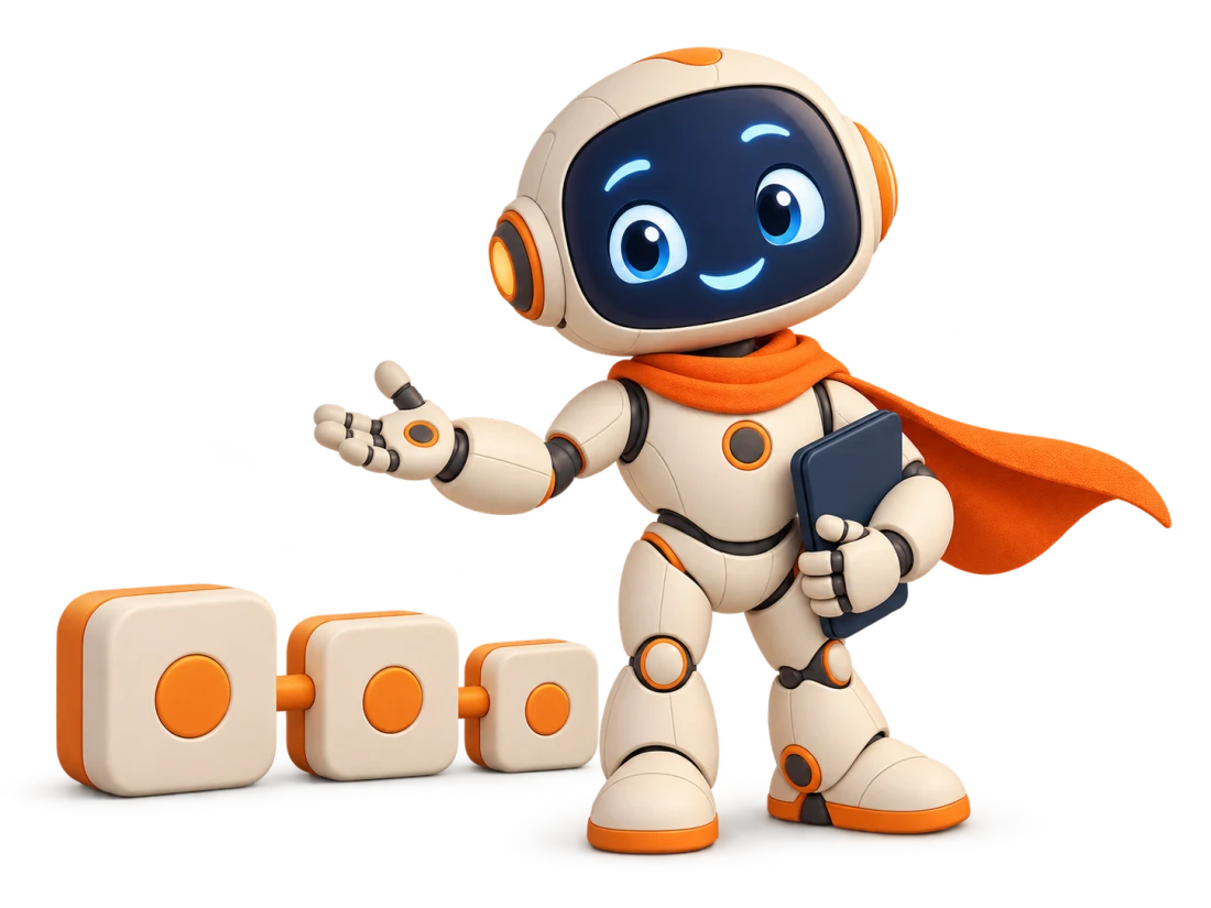 Syd, the Sydekyks robot sidekick, presenting three connected workflow blocks.