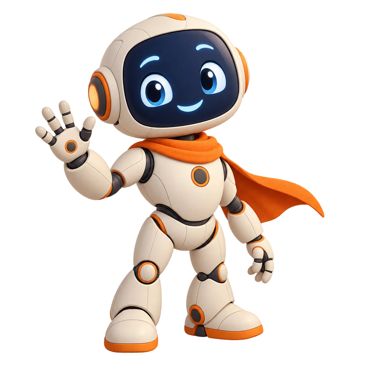 Syd, a friendly cream robot with an orange cape, waves hello.